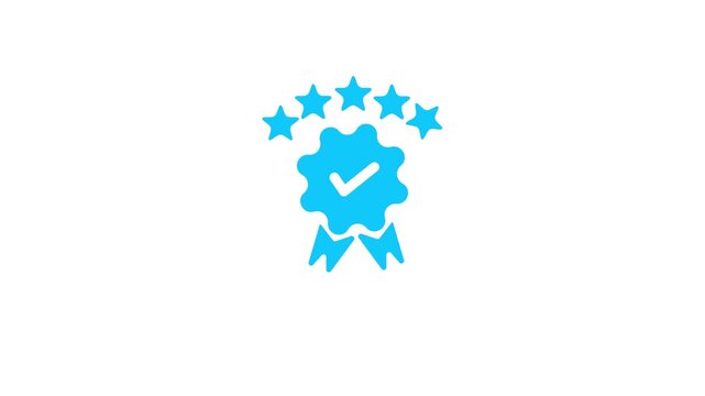 Bright Cyan Five Star Rating Badge with a Check Mark on a White Background Representing and Approval