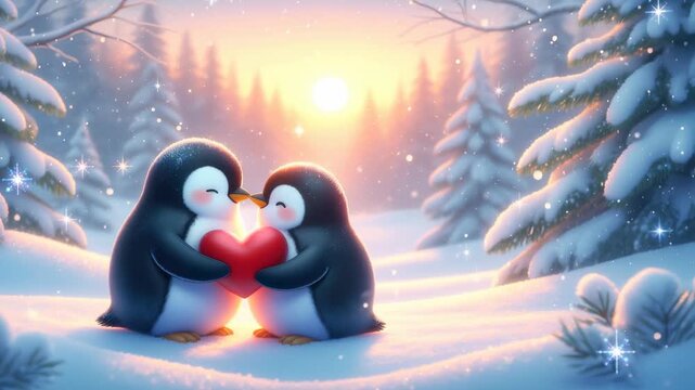 Two adorable penguins sharing a glowing red heart in a sparkling snowy forest at sunset