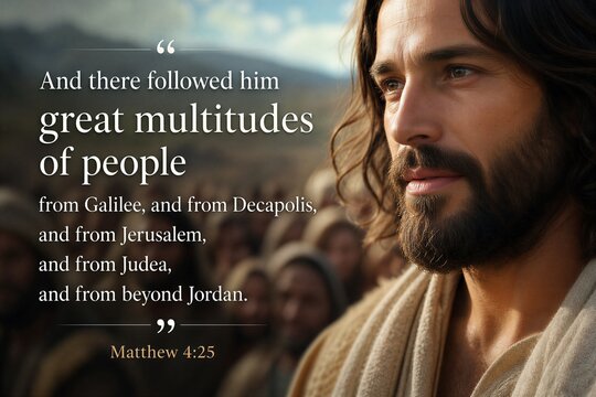 Matthew 4:25 Scripture Poster Depicting Great Multitudes Following from Galilee, Decapolis, Jerusalem, Judea, and Beyond Jordan, in a Close-Up View.