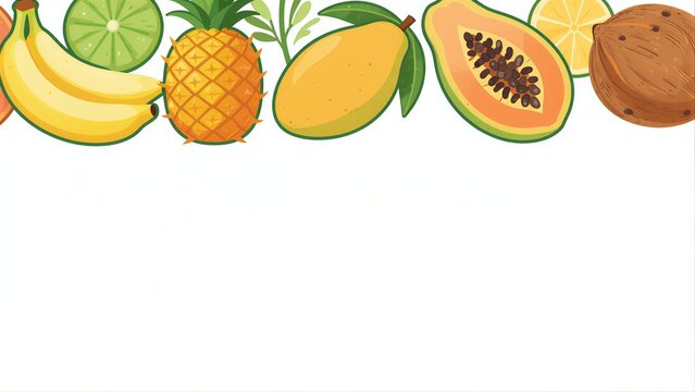 Tropical fruits lineup: bananas pineapple mango papaya coconut and