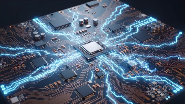 Electronic circuit board with a central processor and glowing blue energy pathways connecting to various components, representing advanced technology and data flow, rendered in 4K resolution