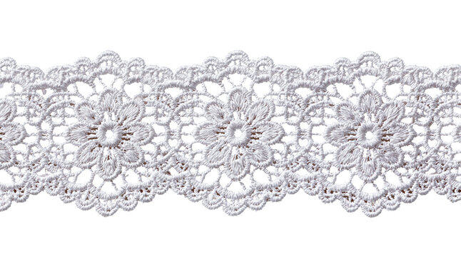 White lace trim with floral embroidery pattern on transparent