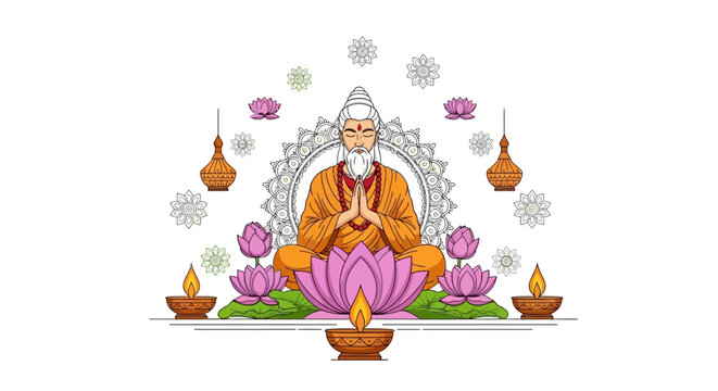 A wise old sage sits in a meditative pose on a lotus flower, surrounded by diyas, incense, and decorative mandalas, conveying spiritual peace and enlightenment