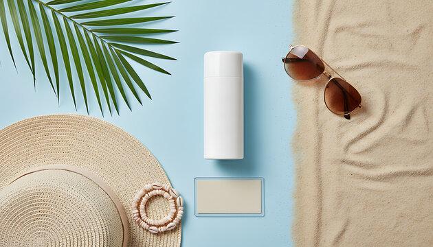 Flat lay of beach vacation item including sunblock cream bottle eyewear wide brim hat sea shell tropical leaf and fashion accessory on split blue surface and sand with copy space for label