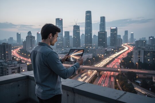 Man using tablet on rooftop overlooking motion-blur highway and city skyline
