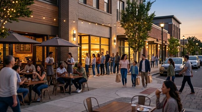 Evening Main Street Plaza Activity With Bakery Queue And Outdoor Dining