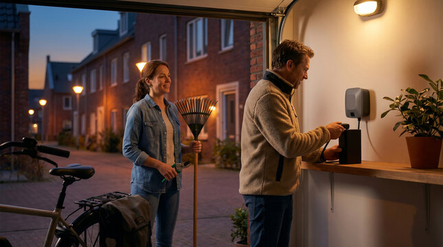 Neighborhood garage e bike battery charging during evening home