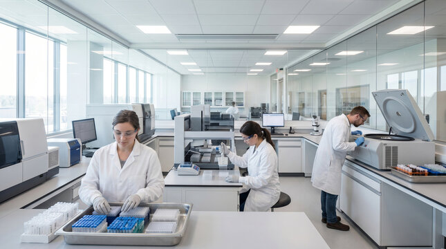 Modern genome lab interior with multi station sequencing prep workflow