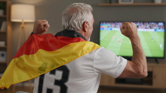 Senior fan draped in German flag cheers passionately for soccer match