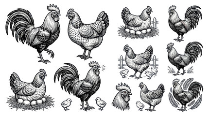 Farm poultry collection with roosters hens chicks and eggs © jami