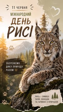 A beautiful International Lynx Day poster featuring a majestic Eurasian lynx resting on a moss-covered rock in a mountain forest at golden hour. Wildlife conservation concept with natural landscape.