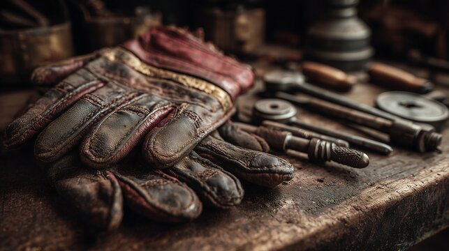 Old leather riding gloves with motorcycle tools on a workbench, warm industrial lighting, authentic mechanic workspace, vintage biker lifestyle concept