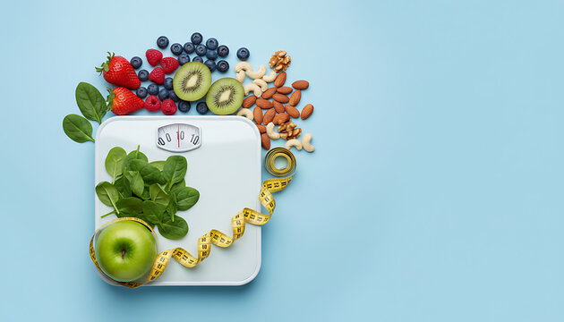 Slimming dietary concept featuring top view of mechanical scales surrounded by fresh vegetables fruits almonds cashews and measuring tape on light blue backdrop with copy space.