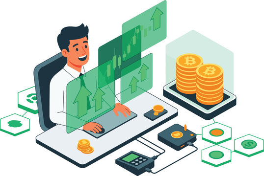 Smiling businessman analyzing uptrend stock market charts on futuristic interface with crypto coins, perfect for finance, investment and technology concepts.