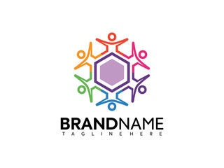 Fototapeta premium People join hands in unity circle with hexagon logo and brandname