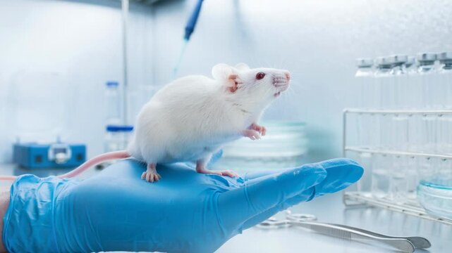 White laboratory mouse resting calmly on scientist's gloved hand with colorful test tubes in research lab