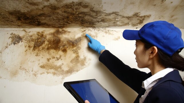 Water damage inspection ceiling leak moisture stain deterioration assessment woman tablet safety maintenance survey of severely damaged peeling ceiling in building renovation environment