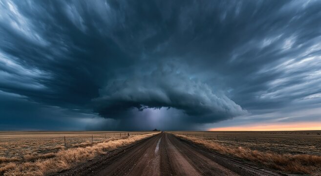 Dark tornado approaching empty road under dramatic storm clouds