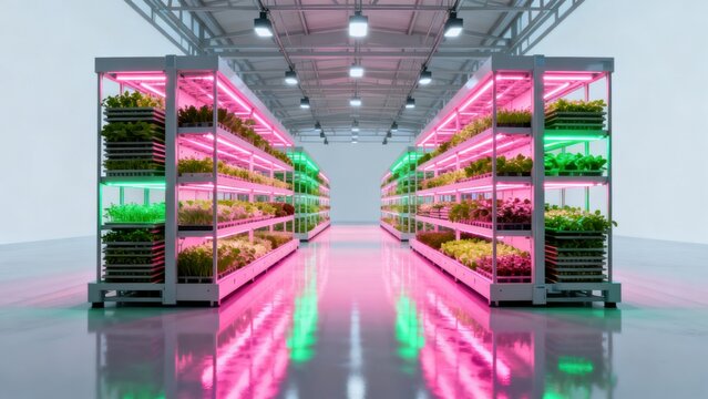 Indoor vertical farm with plants and LED lights