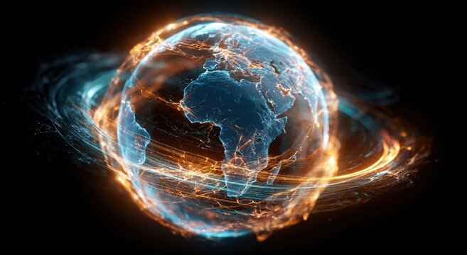 Glowing digital Earth with network connections on dark background