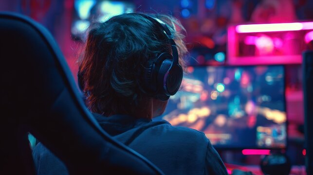 pro gamer man in headphones live streaming while playing online computer game, neon lights, esports,  gaming, monitor, play, young, player, internet, enjoyment, cyber,