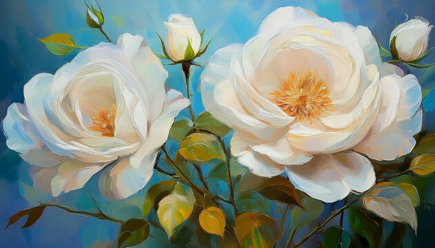 Delicate White Roses Bloom Against A Soft Blue Background In Impressionist Art