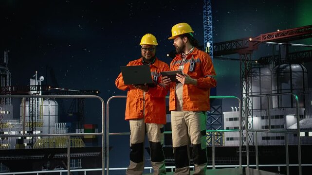 Cheerful offshore rig crew members monitoring ship resources during oil crisis with team operations context on offshore platform.
