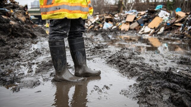 Flood cleanup mud debris recovery worker boots water damage disaster response scene with muddy rubber boots safety vest standing in deep mud after severe flooding event