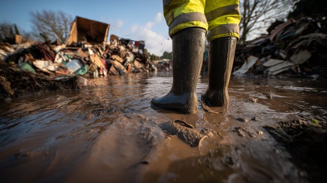 Flood cleanup mud debris recovery worker boots water damage disaster response scene with muddy rubber boots safety vest standing in deep mud after severe flooding event