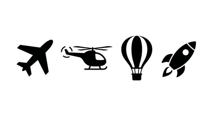 Various transportation icons airplane, helicopter, hot air balloon, rocket © matahari