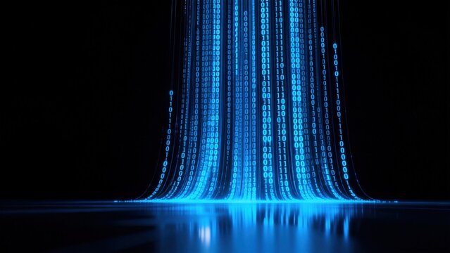 Digital binary code flow on dark background