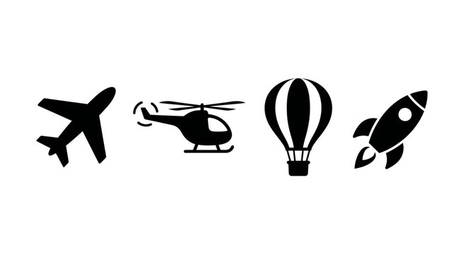 Various transportation icons airplane, helicopter, hot air balloon, rocket