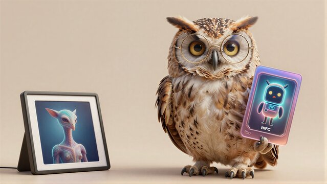 Smart owl holds NFC tag beside digital portrait of alien creature.