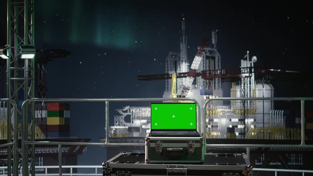 Isolated screen laptop software evaluates energy security risks on drilling rig during oil supply crisis while chroma key notebook monitors offshore platform analytics during blockade embargo.