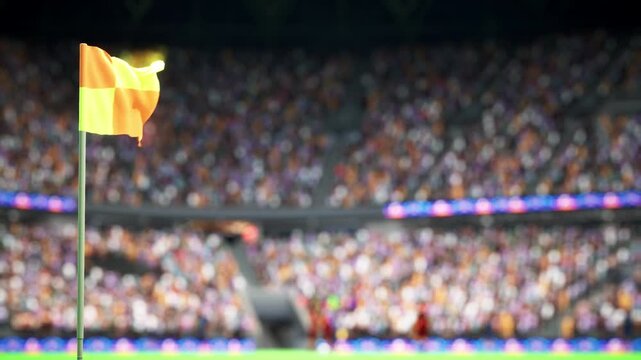 Close up of 3D rendered corner flag on soccer stadium pitch with spectators in blurry background cheering for favorite team during competition. Animation of waving corner post on football field