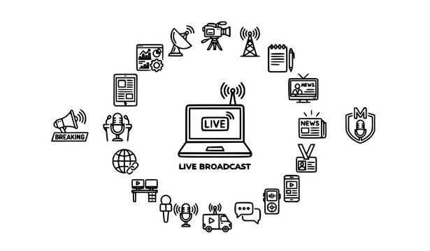 Journalism and Broadcasting Line Art Collection with News Media and Communication Icons