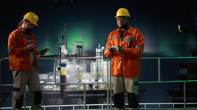 Finding new petrol extraction sites, drone close up and drilling rig crew during oil crisis while avoiding maritime ocean routes blockades, UAV and offshore platform teamworking colleagues.