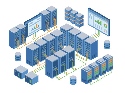 Isometric server room with racks and monitors displaying data.