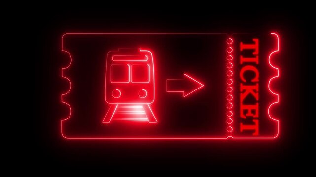 glowing neon Train ticket icon isolated on black background. Train ticket icon animation. neon train ticket with train icon symbol. rail travel pass .Train ticket icon isolated on black background.
