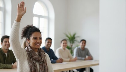 Naklejka premium Young woman raising hand in classroom during seminar