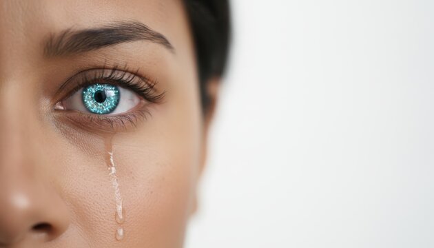 Digital eye iris with glowing data and falling tear