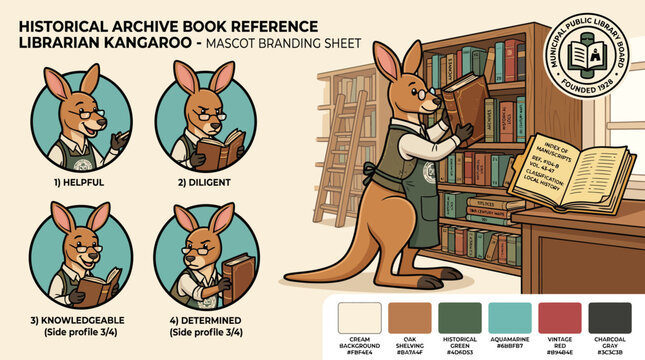 Librarian kangaroo with mascot branding sheet.