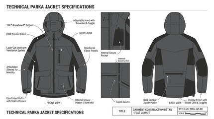 Technical parka jacket design specifications for garment production © Jarwo