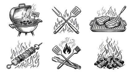 Barbecue grill and cooking tools with fire sketches © Jarwo