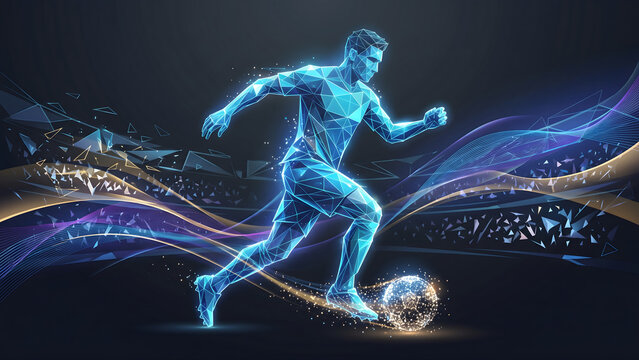 Dynamic digital visualization of a soccer player's energetic motion on a futuristic abstract field, symbolizing innovation