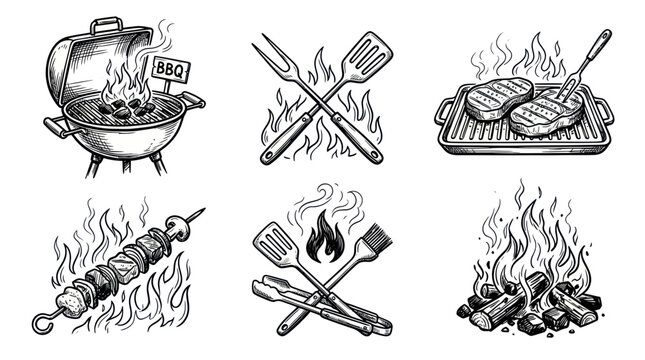 Barbecue grill and cooking tools with fire sketches