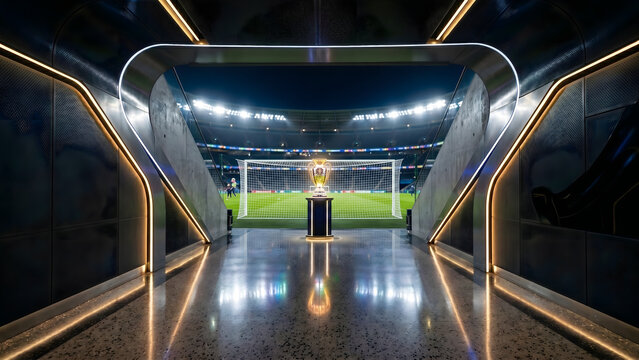 Futuristic Football Stadium Tunnel Leading To A Glowing Championship Trophy On The Pitch