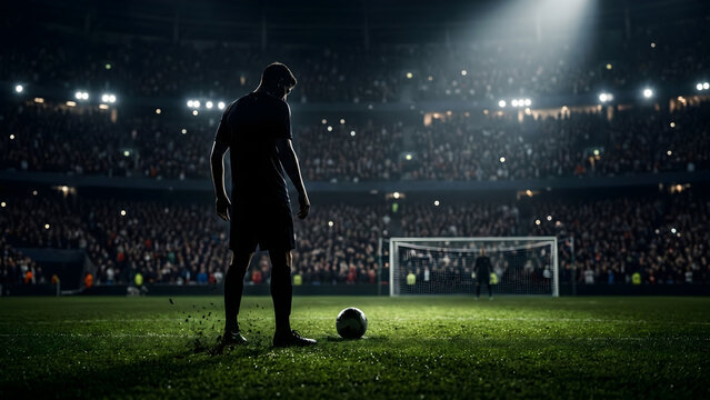 Professional Soccer Player Preparing for a Penalty Kick in a Crowded Stadium at Night