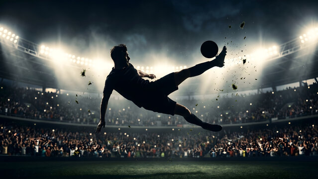 Dynamic Silhouette of a Soccer Player Executing an Athletic Overhead Kick in a Bright Stadium