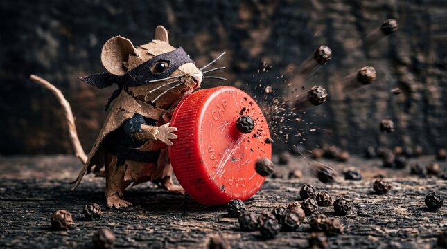 A masked paper mouse uses a red plastic cap to shield itself from flying peppercorns. This dynamic scene captures a brave miniature battle against everyday hazards.